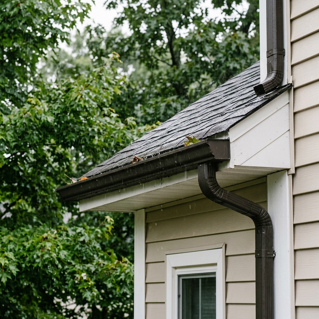 Rainwater flowing through a dark brown gutter attached to a beige house with trees in the background